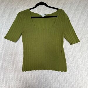 Ophelia & Roe Green Ribbed Knit Square Neck Puff Sleeve Scalloped Trim Women's L